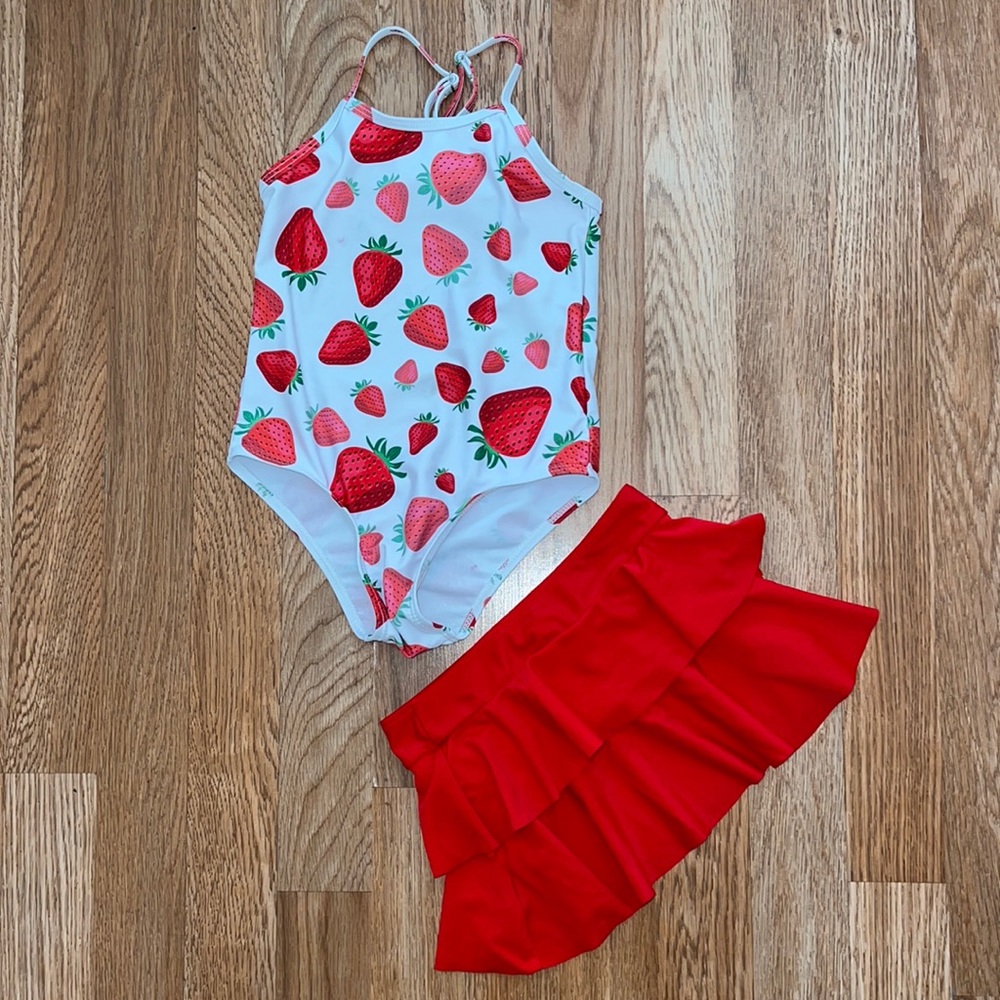 Strawberry Printed One Piece Swimsuit With Coverup Skirt